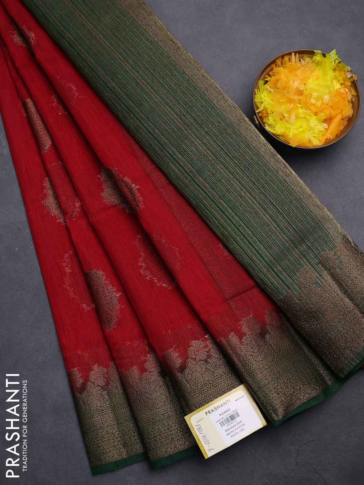 Banarasi semi matka saree red and green with thread & zari woven floral buttas and banarastyle border