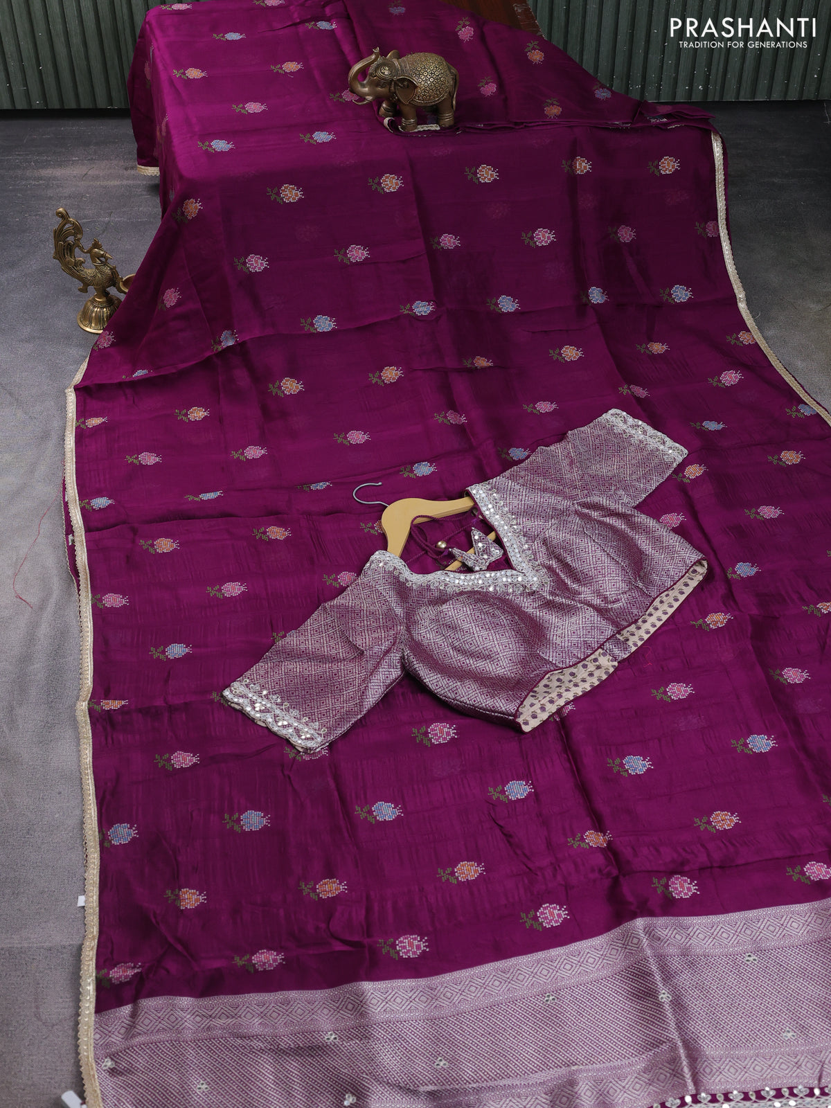 Banarasi silk saree purple with thread & zari woven floral buttas and gotapatti work pallu