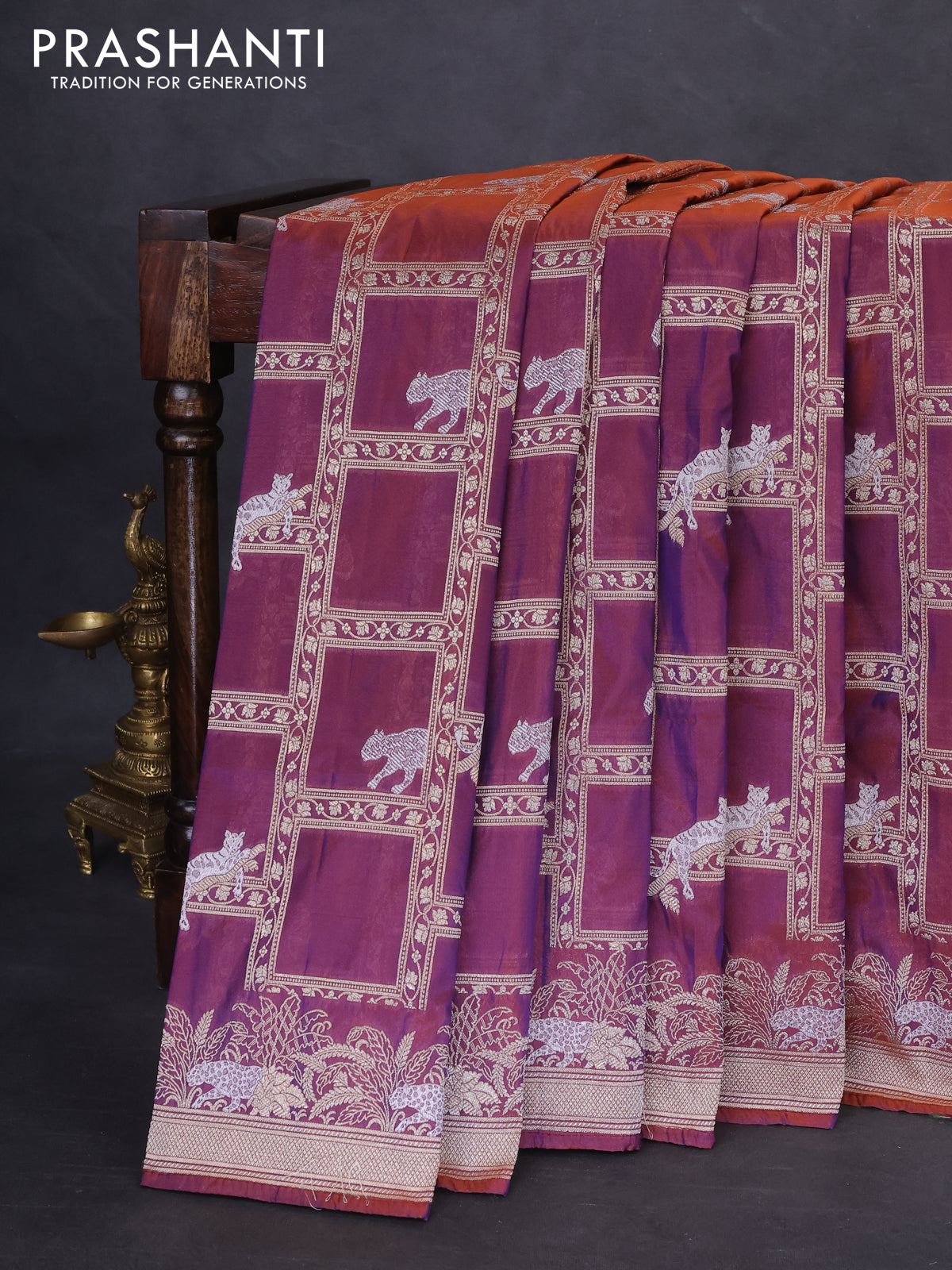 Banarasi semi katan silk saree dual shade of maroonish purple with allover silver & gold zari weaves and zari woven border
