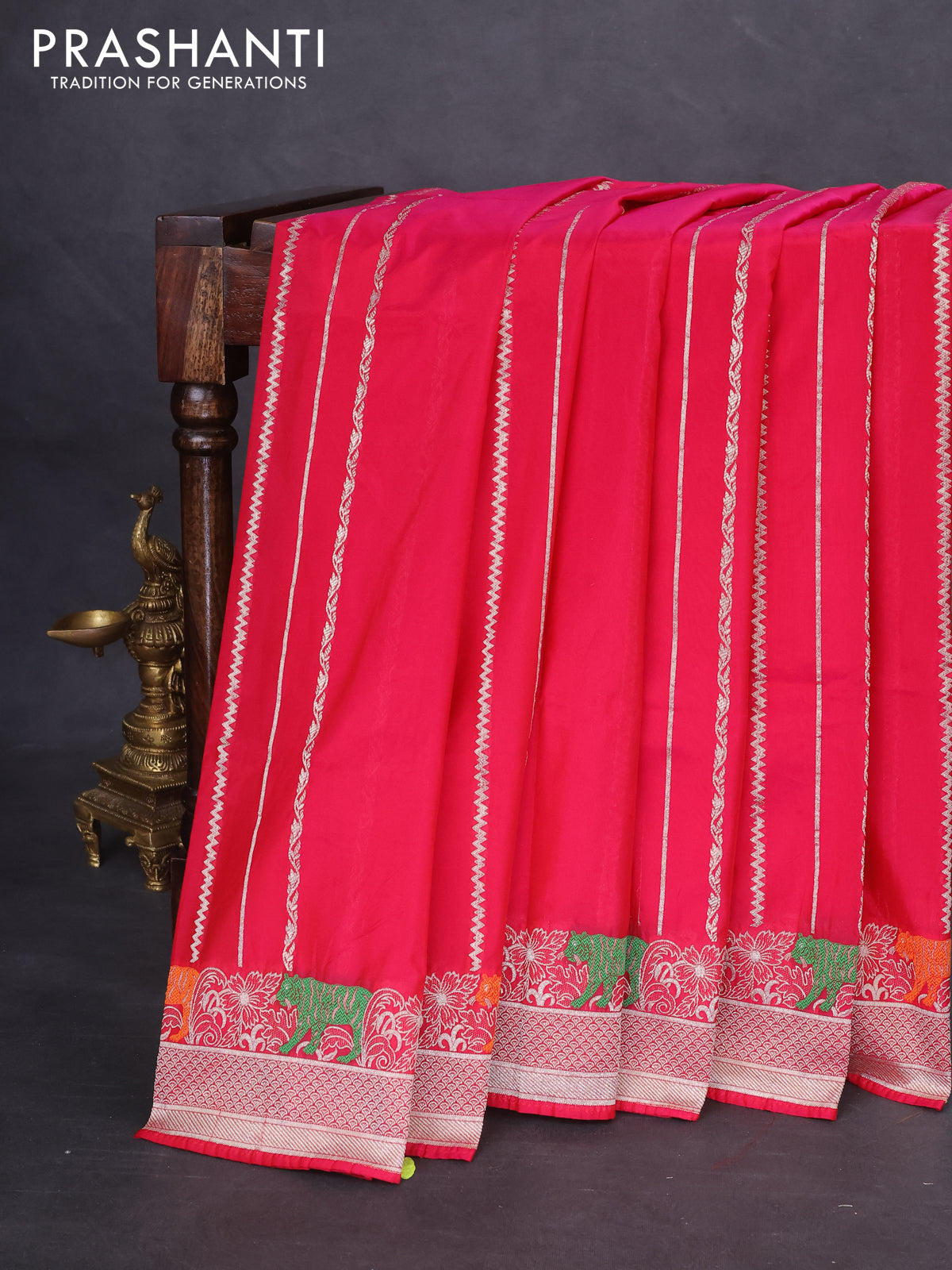 Banarasi semi katan silk saree dark pink with allover zari weaves and rich zari woven border