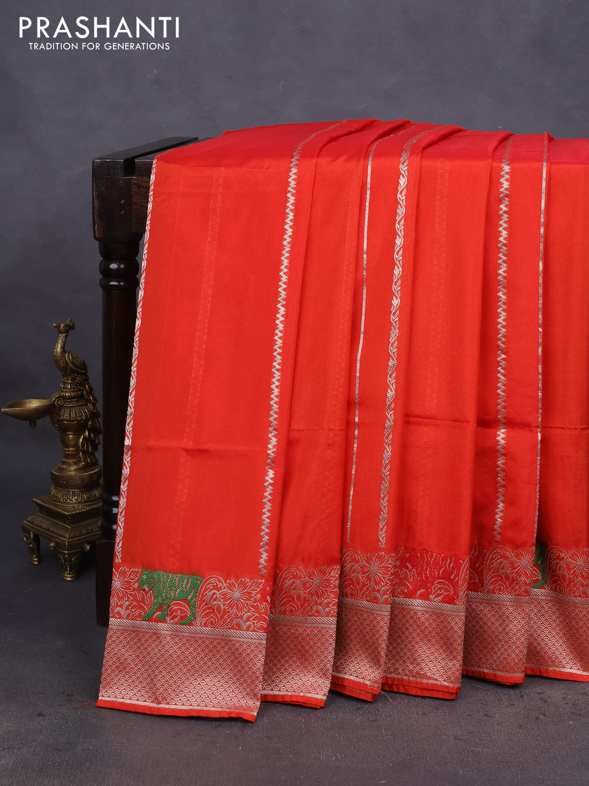 Banarasi semi katan silk saree orange with allover zari weaves and thread & zari woven border