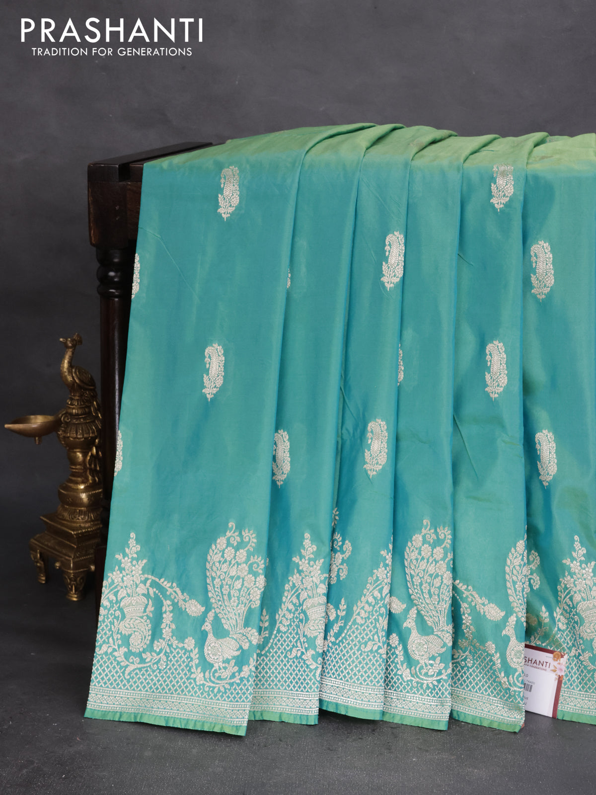 Banarasi semi katan silk saree teal bluish green with zari woven buttas and rich zari woven border