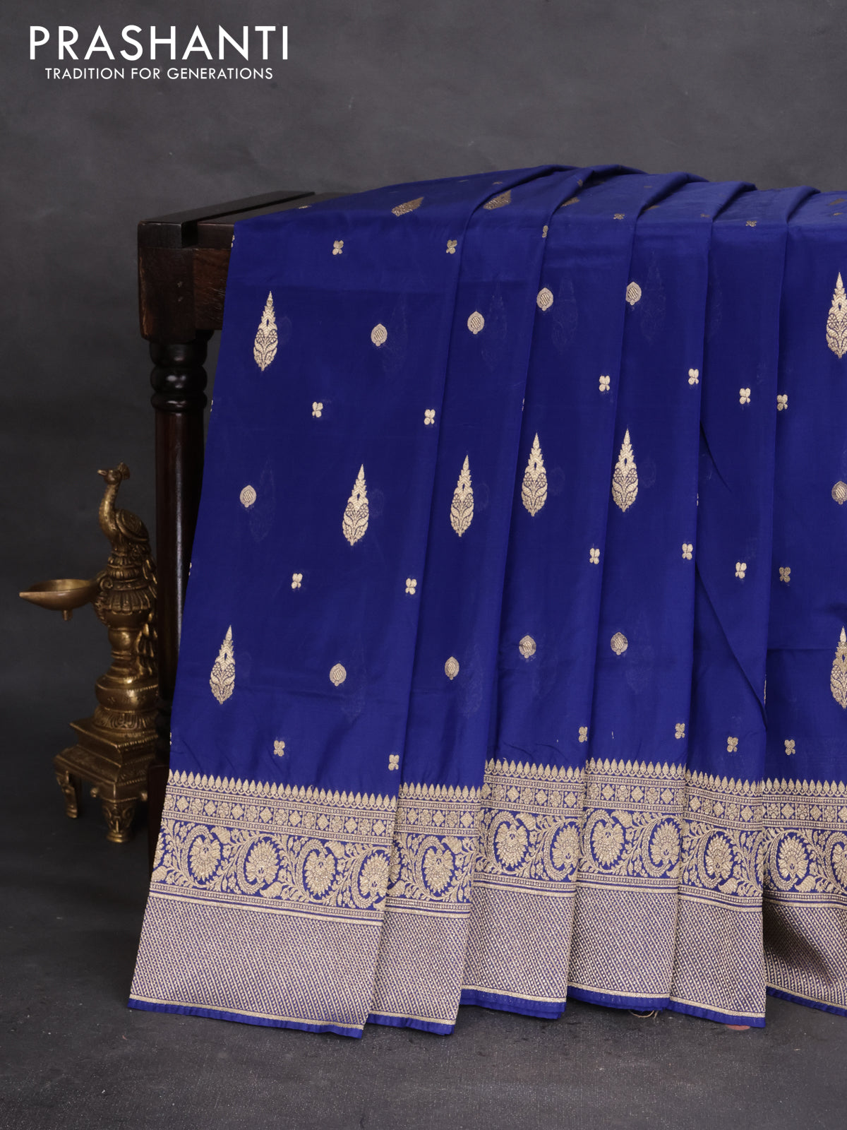 Banarasi semi katan silk saree blue with zari woven buttas and rich zari woven border
