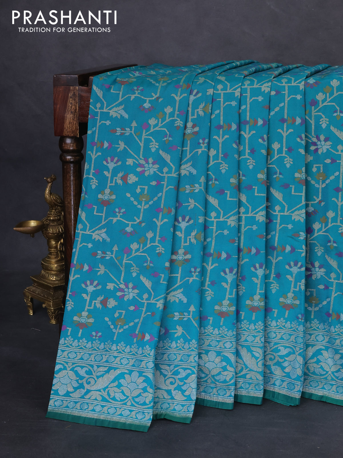 Banarasi semi katan silk saree teal green with allover jamdhani weaves and rich zari woven border