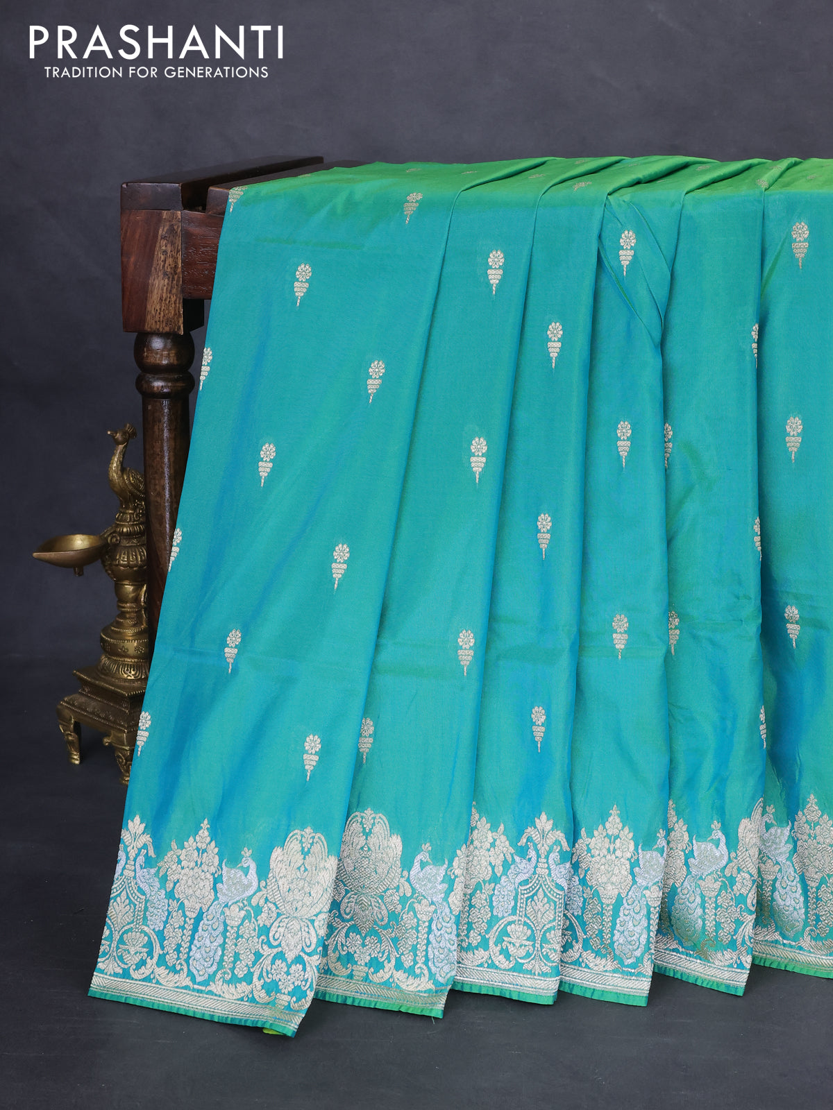 Banarasi semi katan silk saree dual shade of green with zari woven buttas and zari woven border