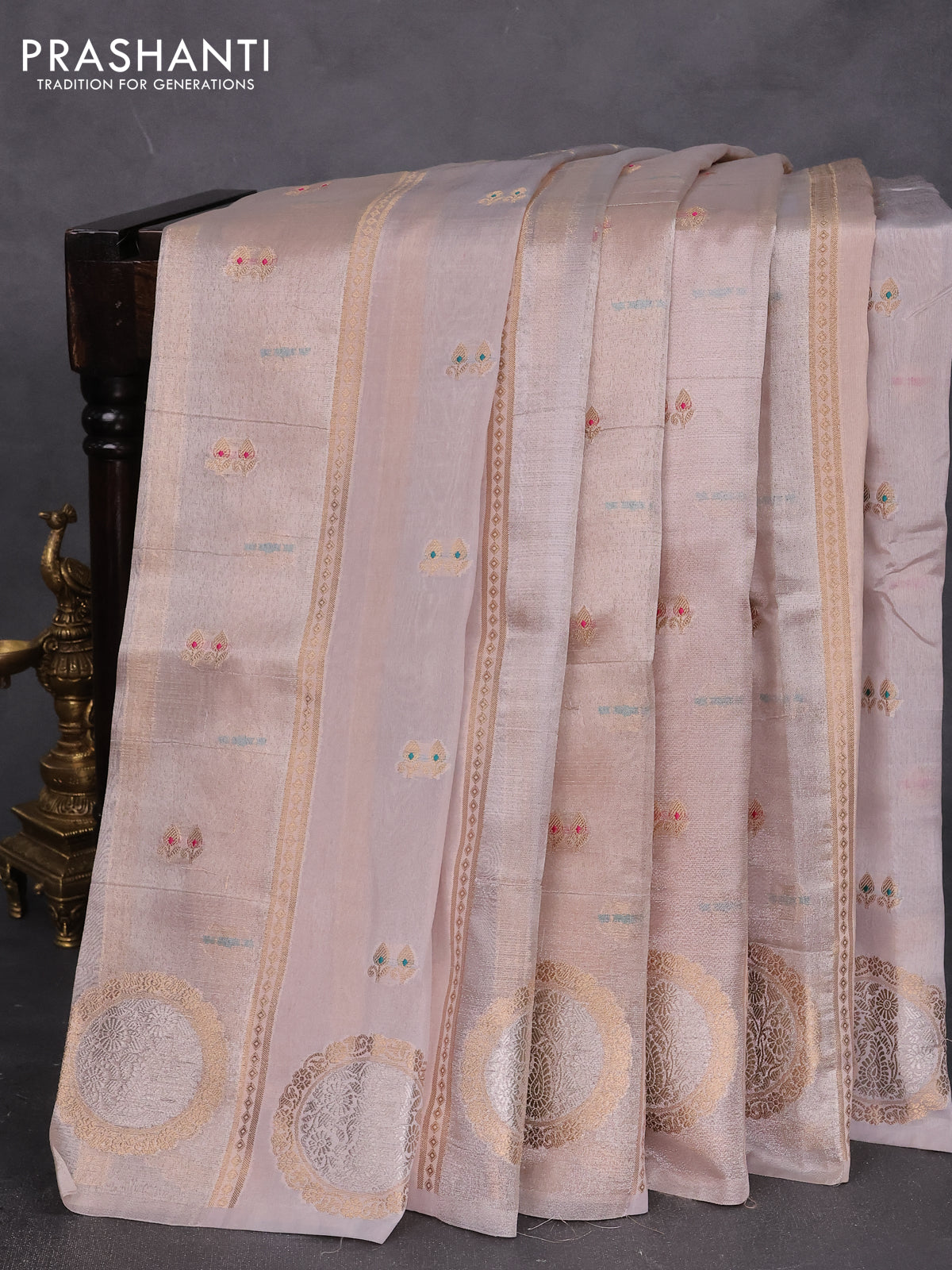 Banarasi tissue semi silk saree pastel grey and pale orange with zari weaves & buttas and zari woven butta border