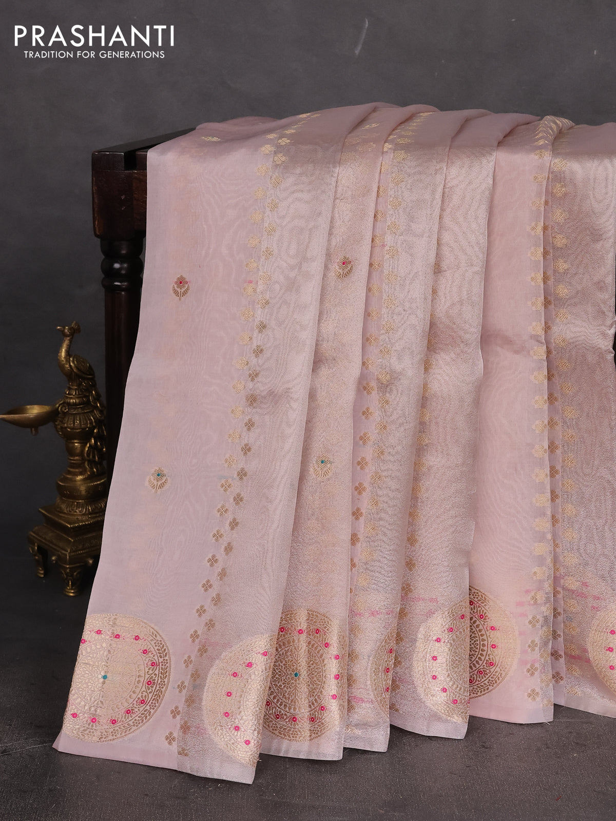 Banarasi tissue semi silk saree pastel lavender and peach pink with zari weaves & buttas and zari woven butta border