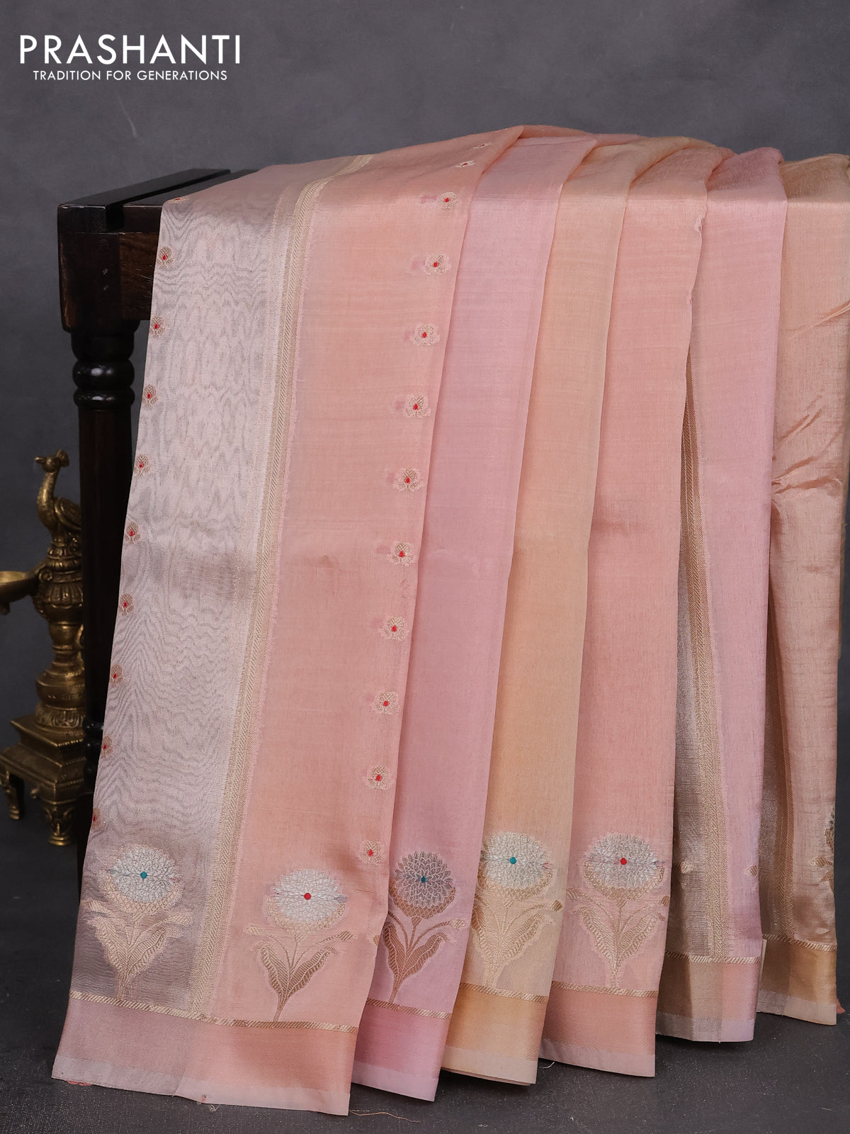 Banarasi tissue semi silk saree pastel pink with zari weaves & buttas and floral zari woven butta border