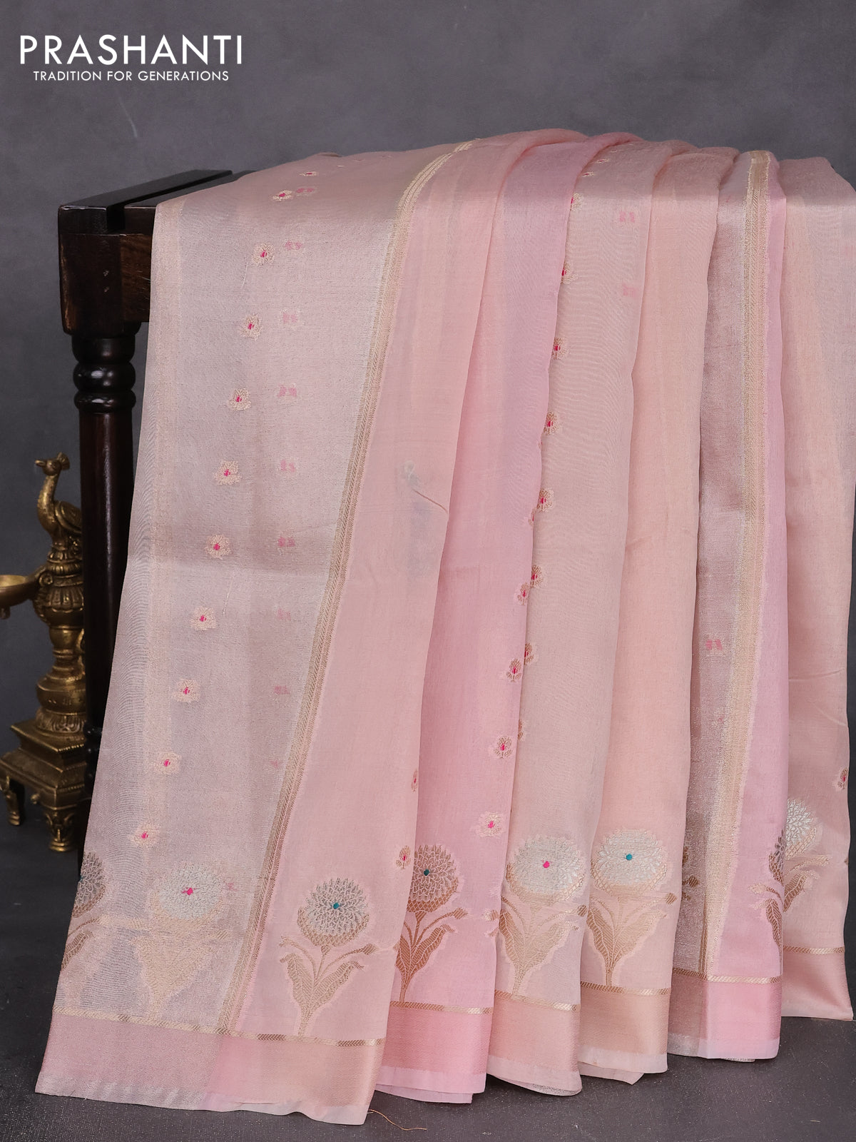 Banarasi tissue semi silk saree pastel peach with zari weaves & buttas and floral zari woven butta border