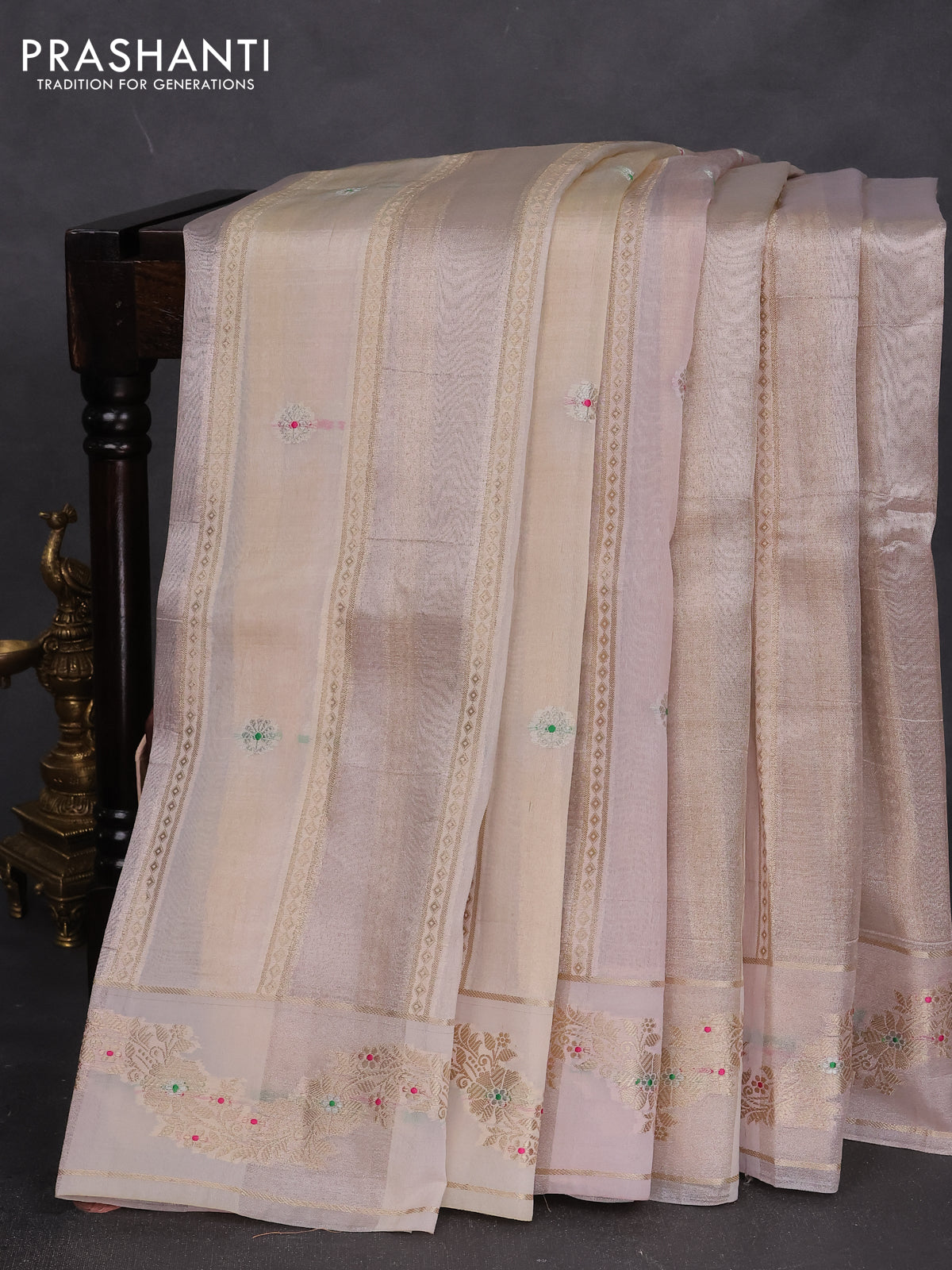 Banarasi tissue semi silk saree cream with zari weaves & buttas and zari woven border