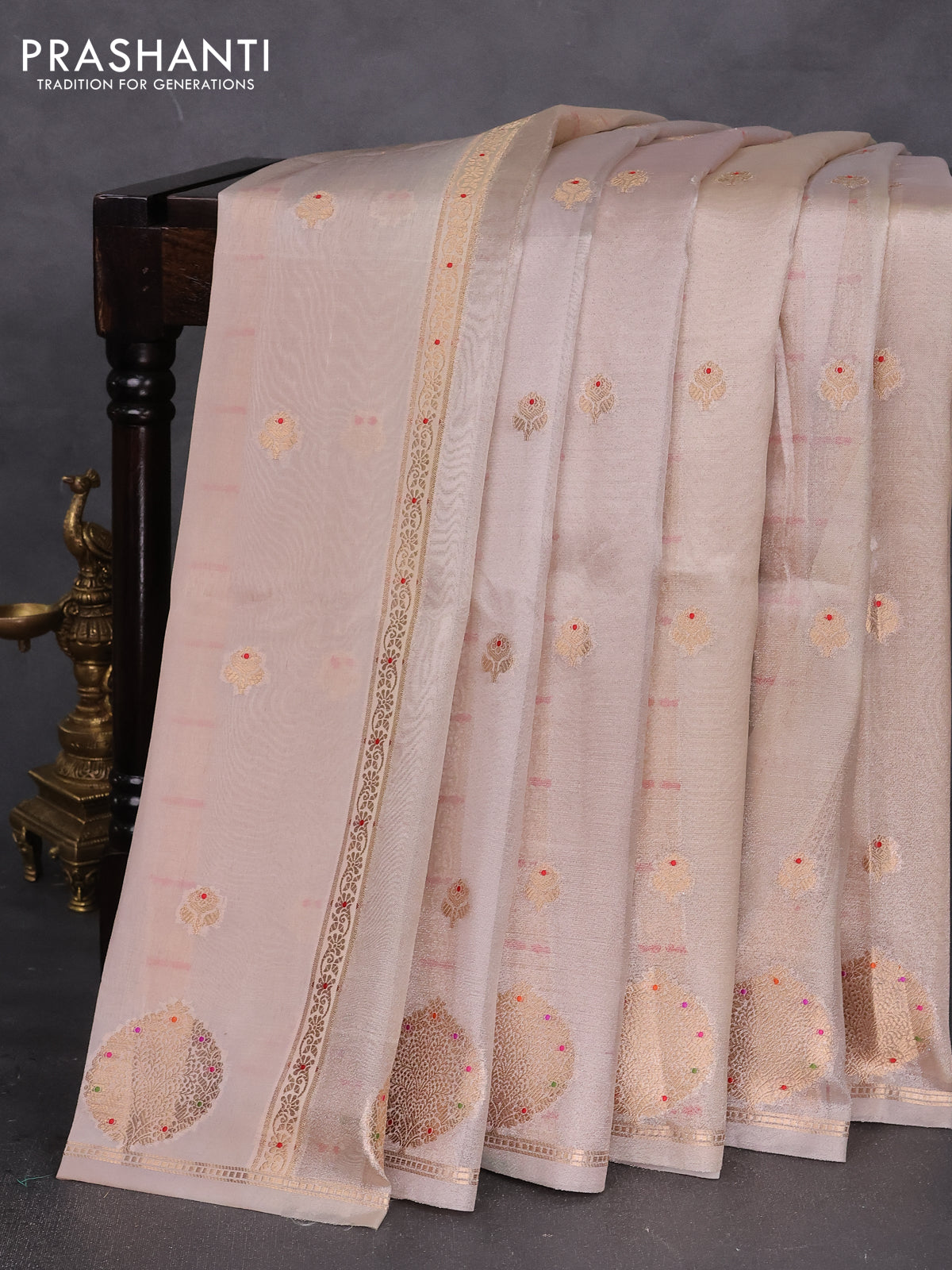 Banarasi tissue semi silk saree beige with zari weaves & buttas and zari woven butta border