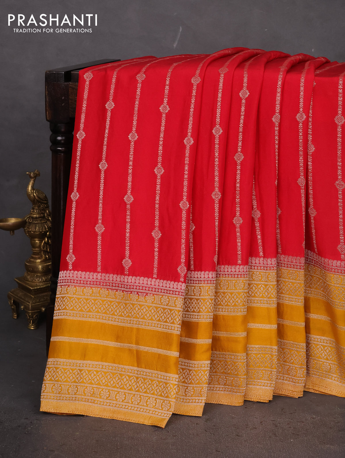 Banarasi semi crepe saree red and mustard yellow with allover zari weaves and zari woven border
