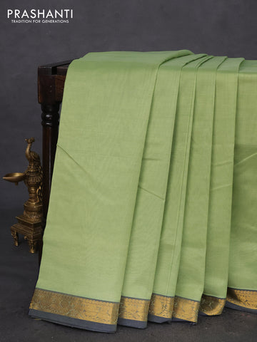 10 Yards silk cotton saree pastel green and navy blue with plain body and annam zari woven border