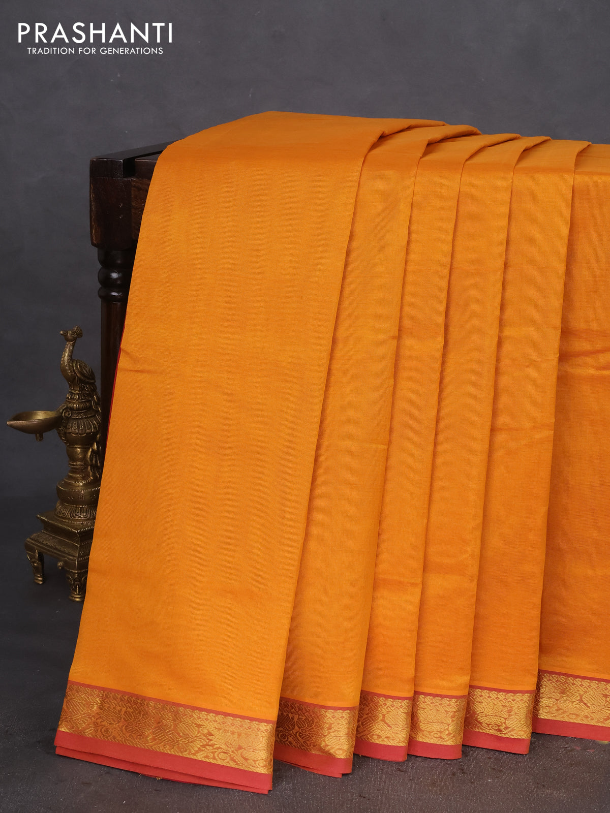 10 Yards silk cotton saree mustard yellow and red with plain body and annam zari woven border