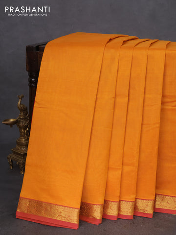 10 Yards silk cotton saree mustard yellow and red with plain body and annam zari woven border