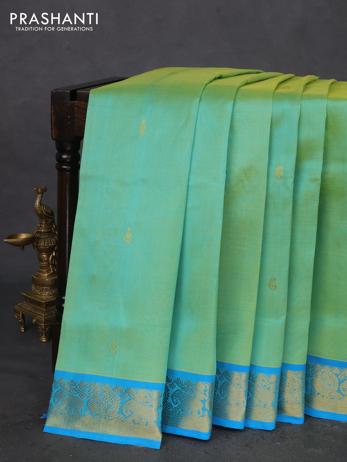 10 Yards silk cotton saree teal green and cs blue with zari woven buttas and zari woven border