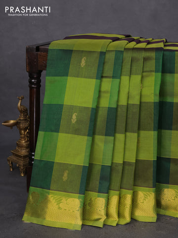 10 Yards silk cotton saree green and light green with allover paalum pazhamum checks & zari buttas and temple & annam zari woven border