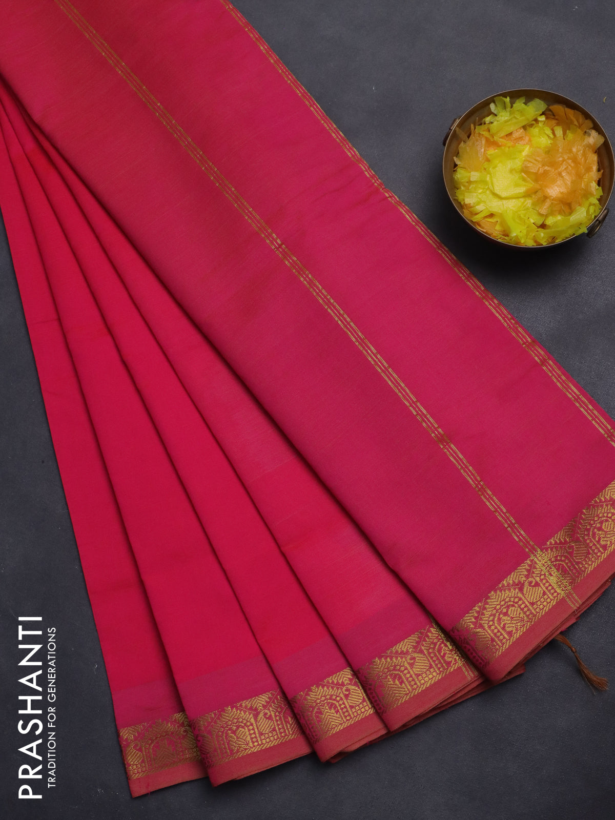 10 Yards poly cotton saree dual shade of pinkish yellow with plain body and zari woven border