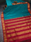 10 yards silk saree teal green and red with palin body and temple design zari woven border