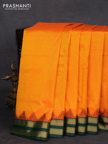 10 yards silk saree dual shade of mango yellow and dark green with plain body and temple design rettapet zari woven border