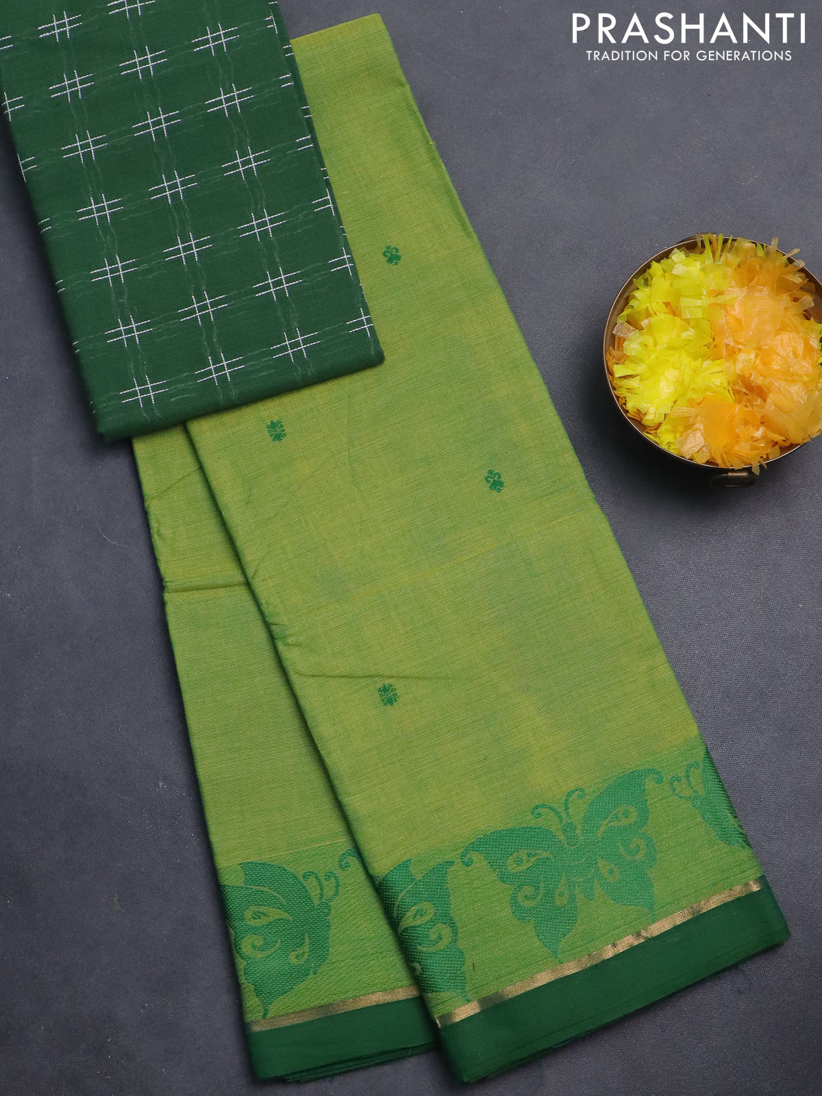 Chettinad cotton saree light green and green with thread woven buttas and thread woven butterfly border