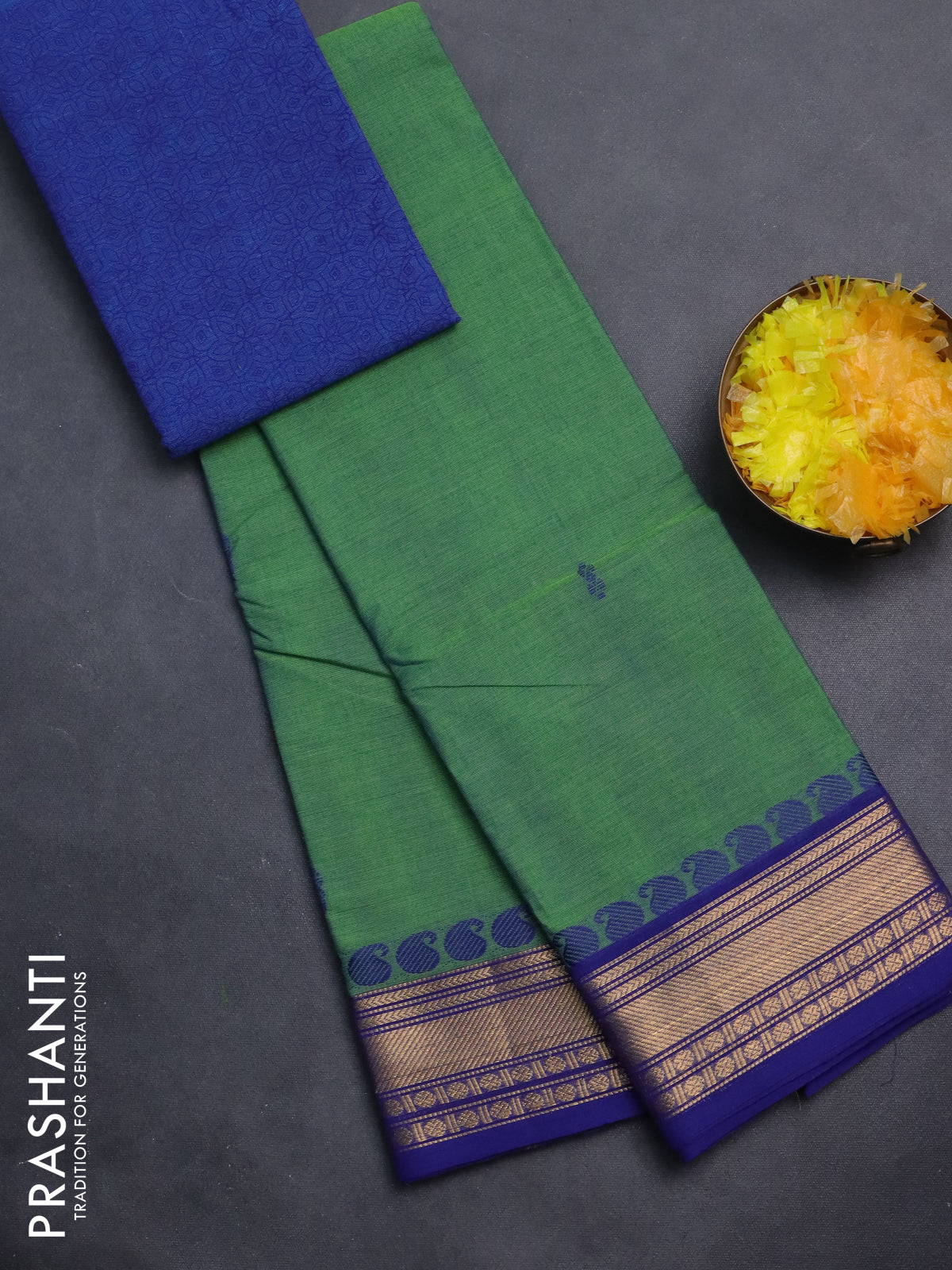Chettinad cotton saree dual shade of green and blue with thread woven buttas and zari woven border