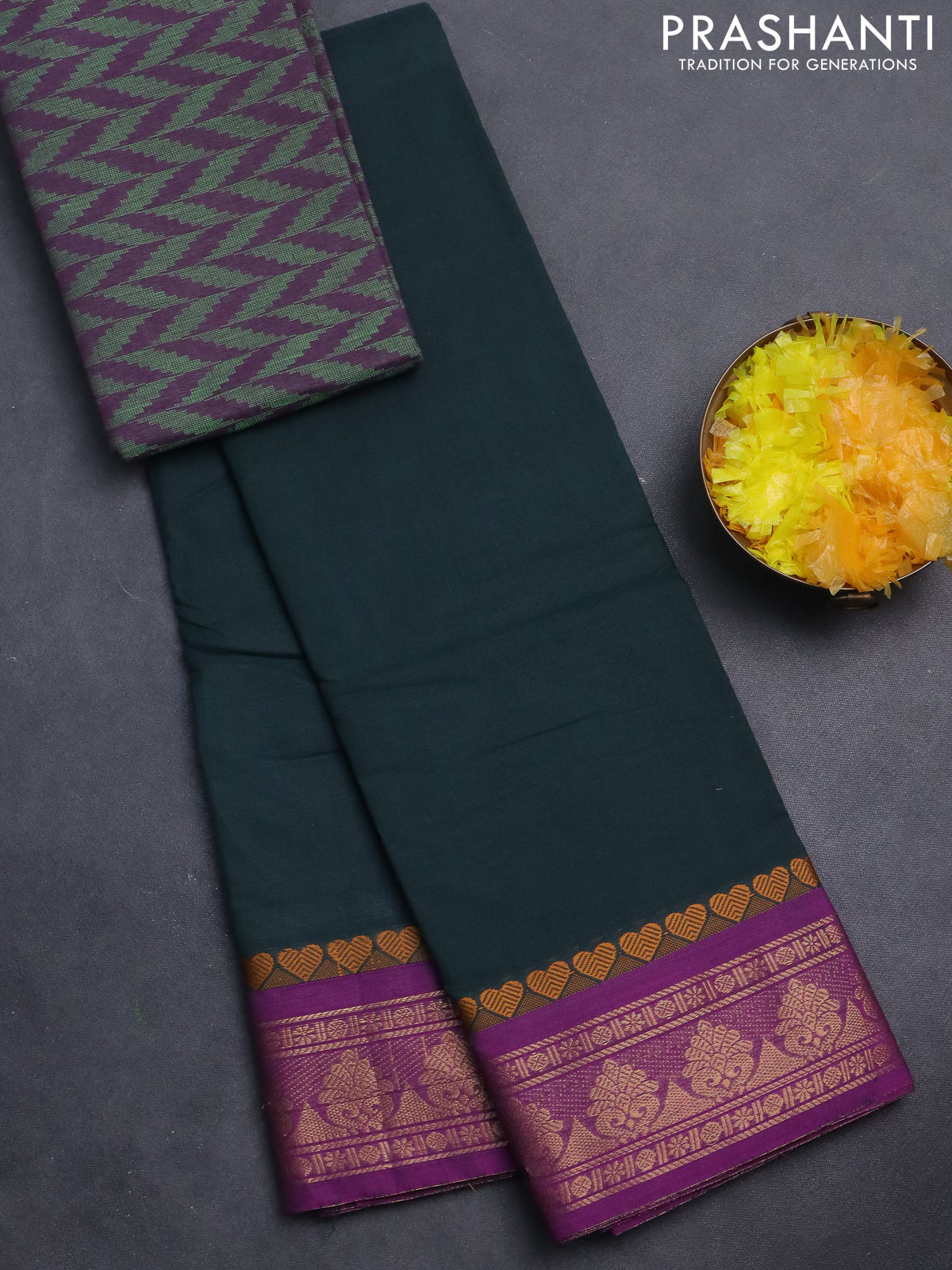 Chettinad cotton saree dark green and purple with plain body and zari woven border