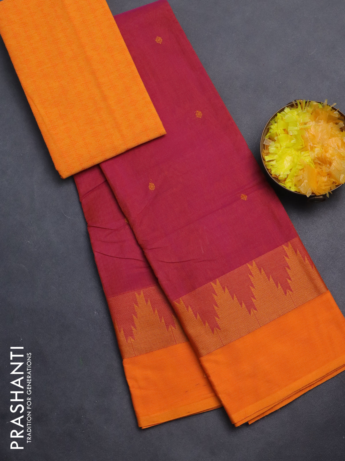 Chettinad cotton saree dual shade of magenta pink and orange with thread woven buttas and temple design thread woven simple border