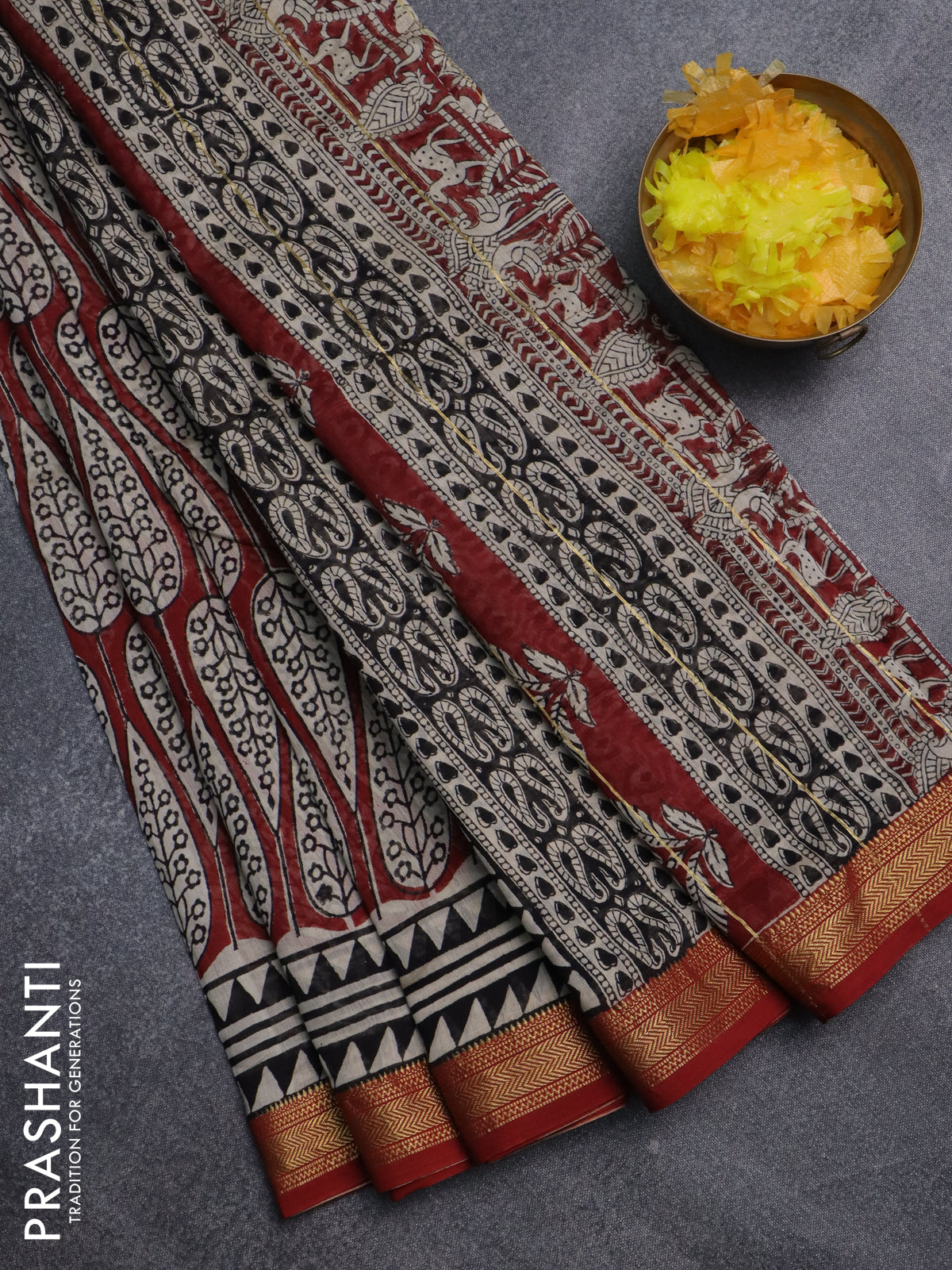Chanderi bagru saree maroon and cream with allover prints and maheswari border