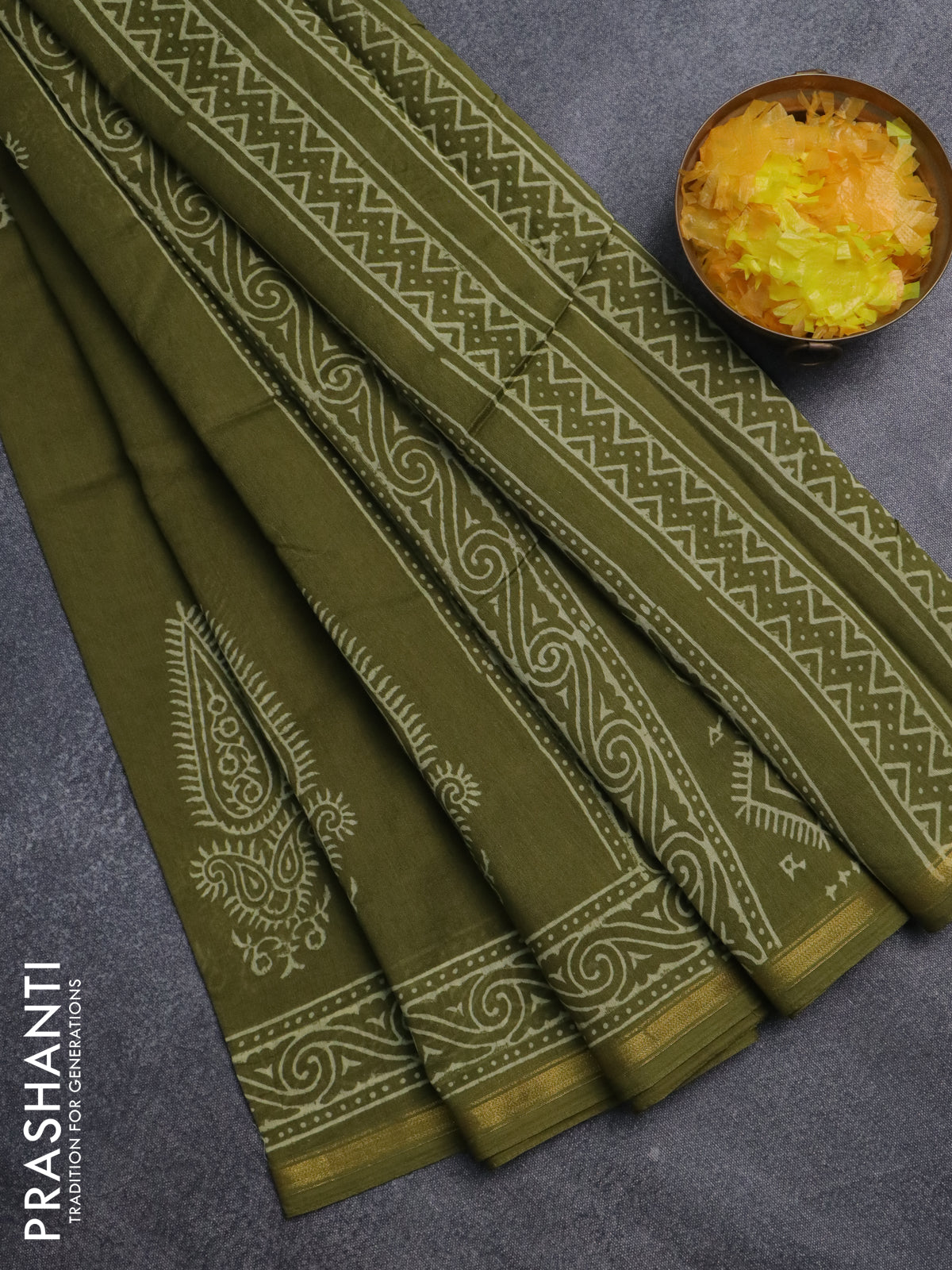 Chanderi bagru saree sap green with butta prints and small zari woven border