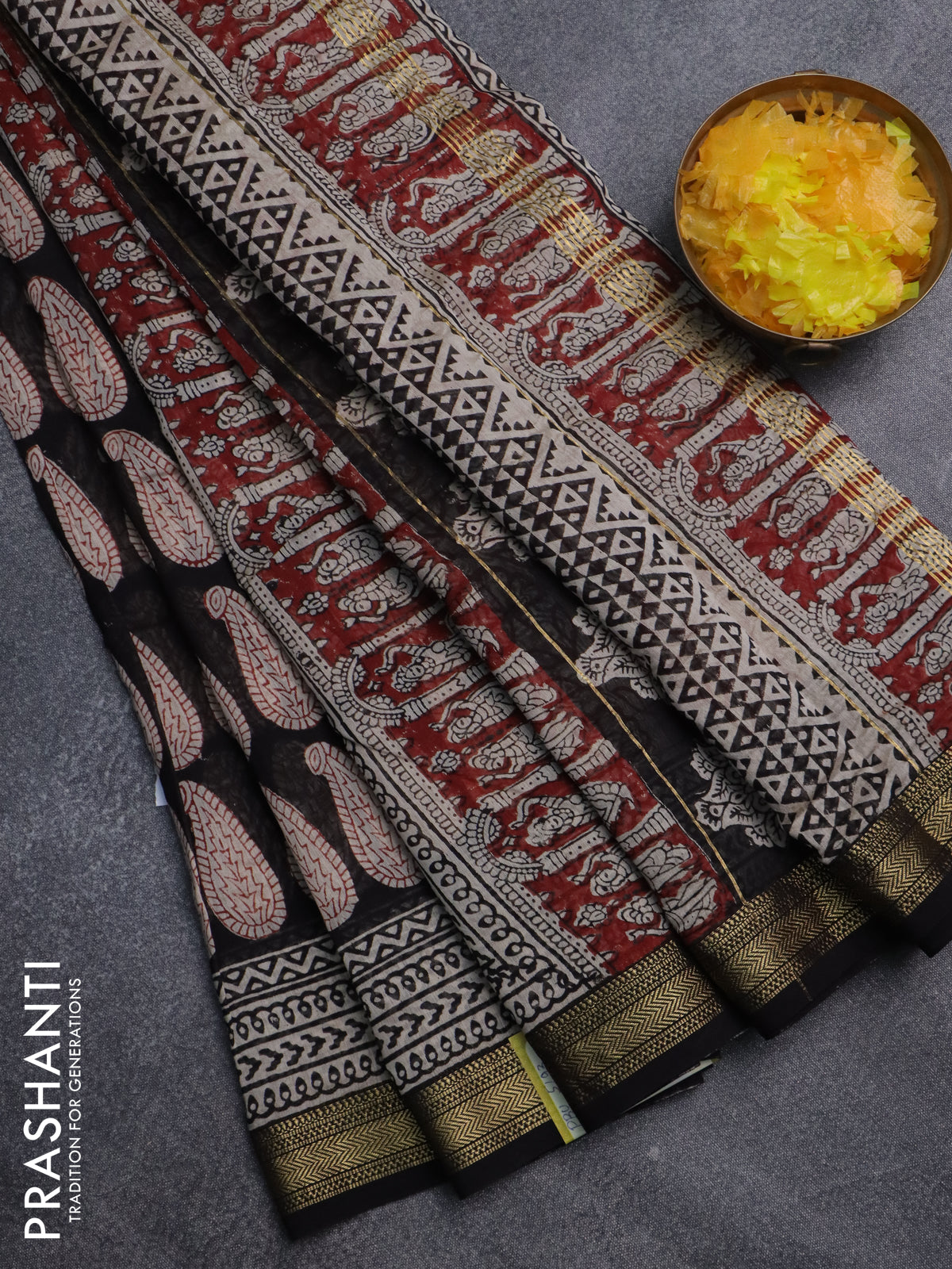 Chanderi bagru saree black and cream with allover paisley butta prints and mageshwari border