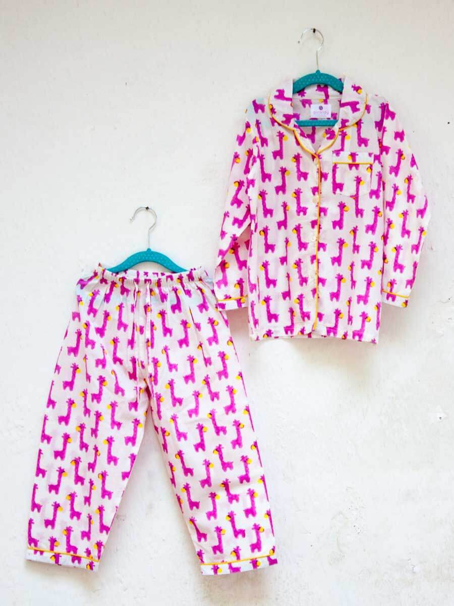 Pink Giraffe Block Printed Cotton Top & Pyjama Set