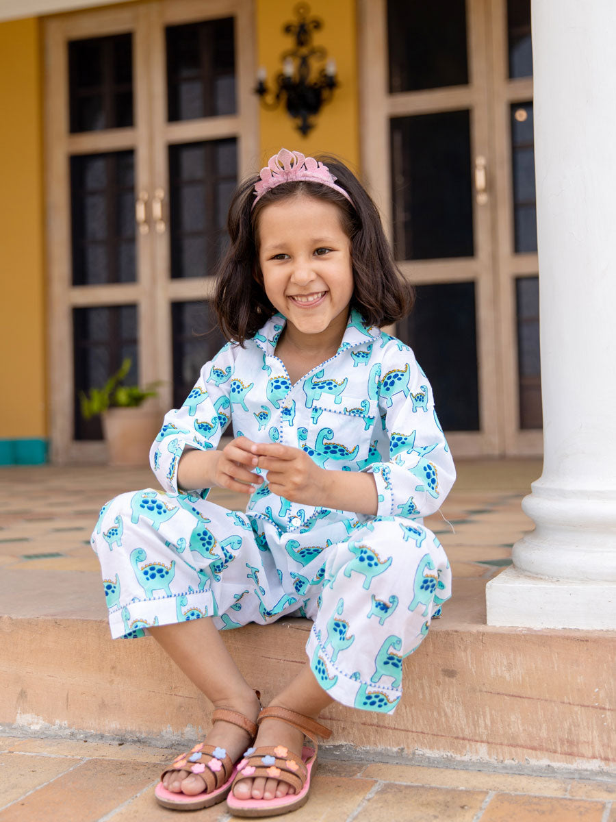 Dino Block Printed Cotton Top & Pyjama Set
