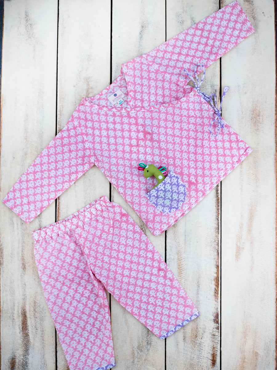 Pink Blossom Organic Cotton Block Printed Angrakha Set