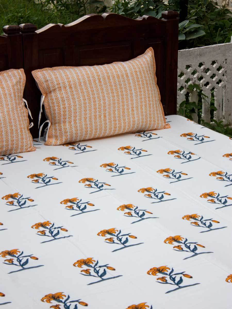 Pookalam Floral Block Printed Cotton Bedsheet