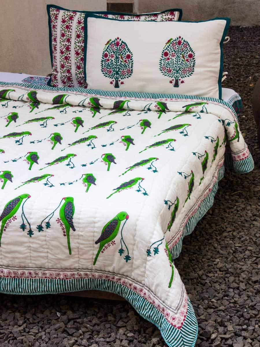 Parrot Block Printed Cotton Quilt