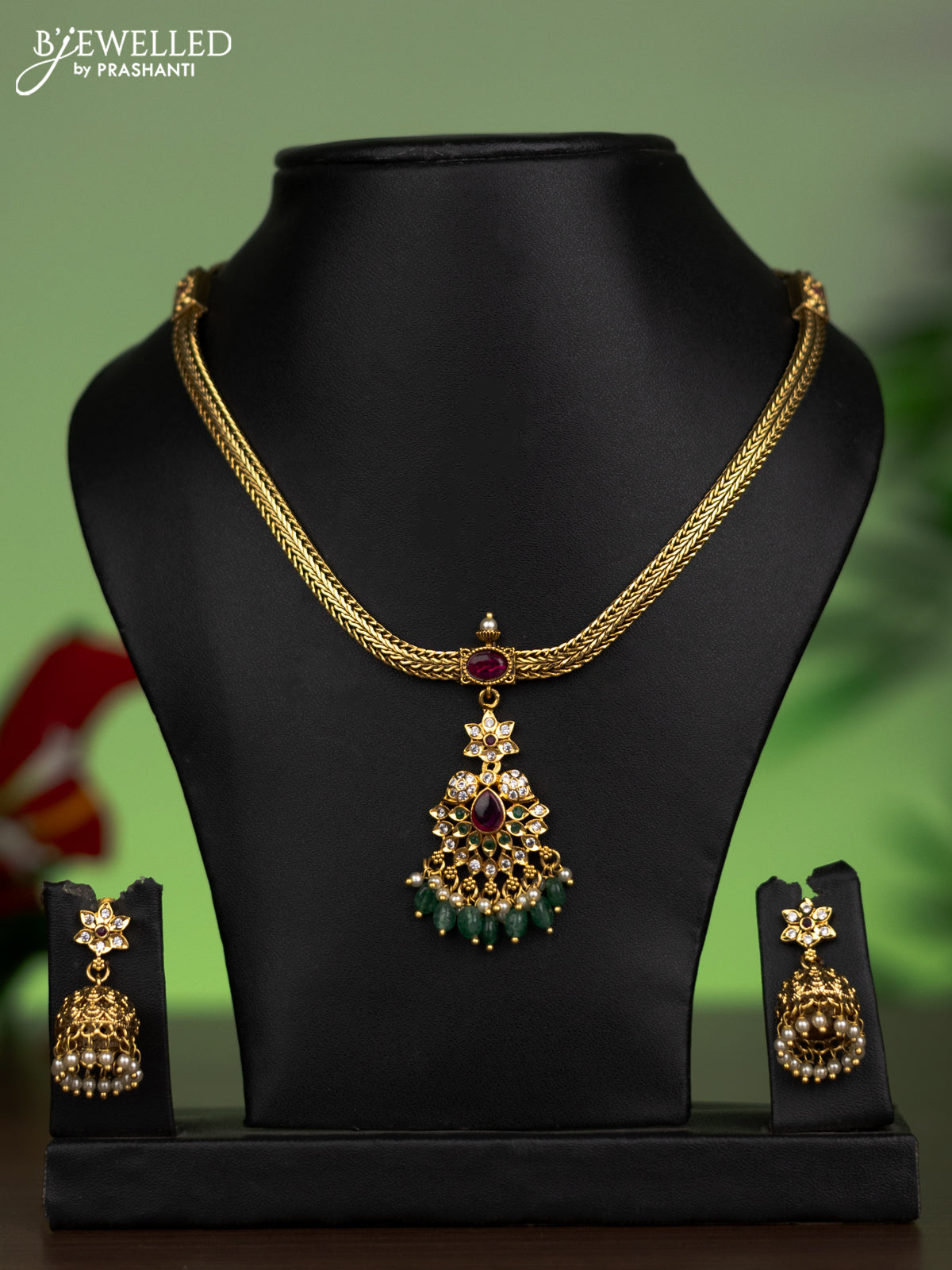 Antique attigai necklace with kemp & cz stones and pearl & green beads hanging