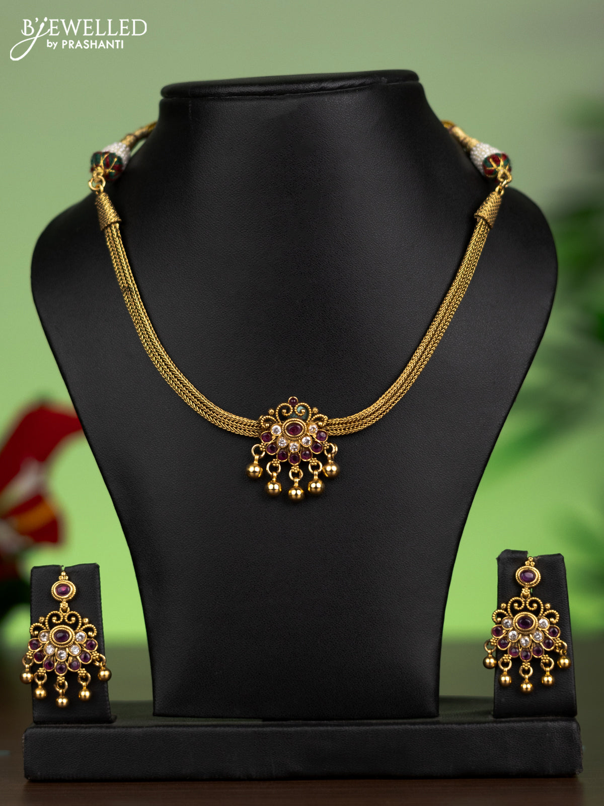 Antique attigai necklace with pink kemp & kundan stones and golden beads hanging