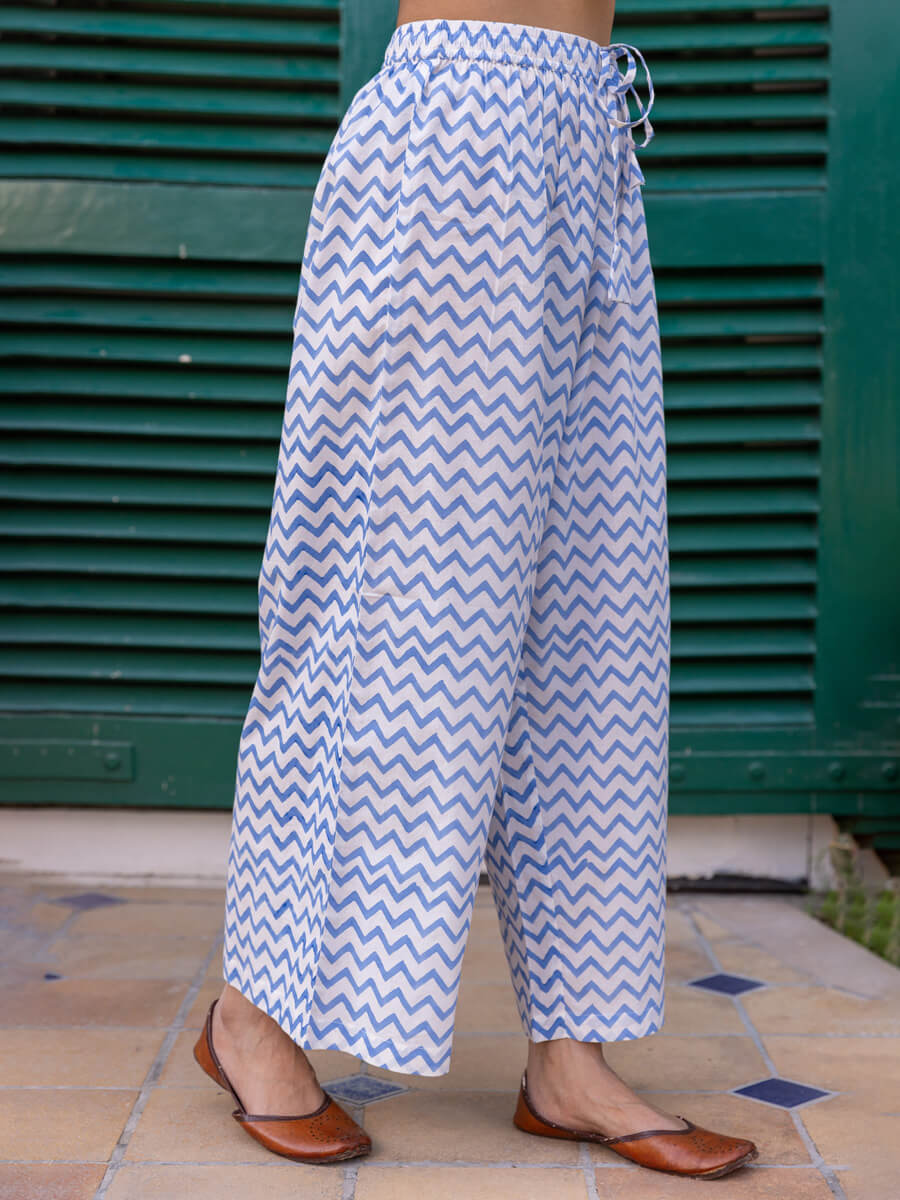 Blue Chevron Block Printed Cotton Palazzo