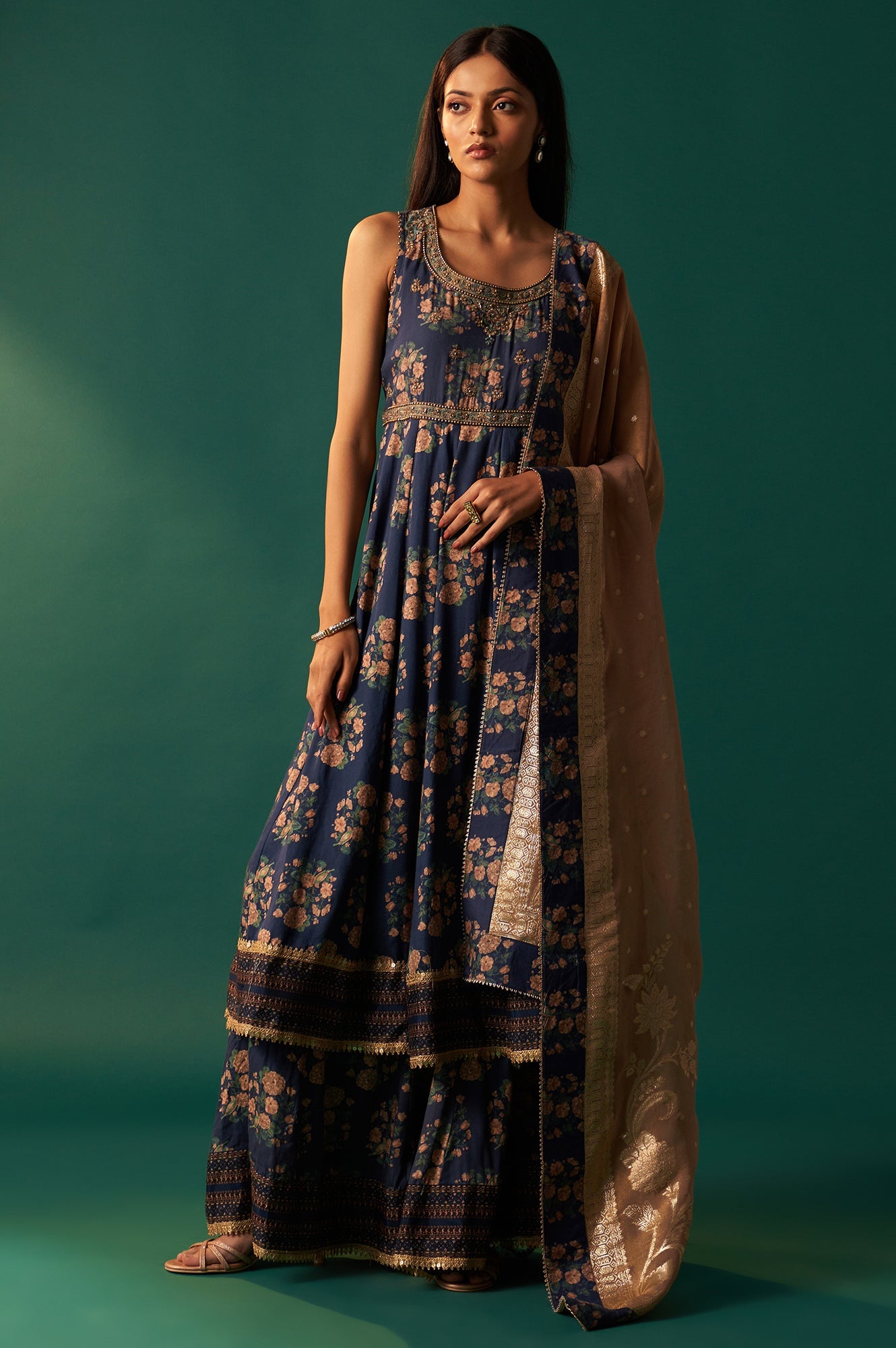 Navy Blue Floral Printed Beaded Anarkali Modal Satin Kurta with Culottes and Dupatta Set