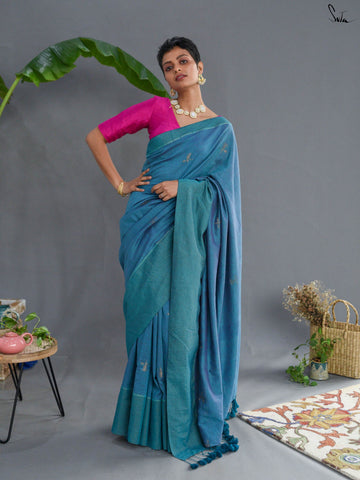 Suta Turquoise Blue & Gold-Toned Floral Woven Design Zari Pure Cotton Saree