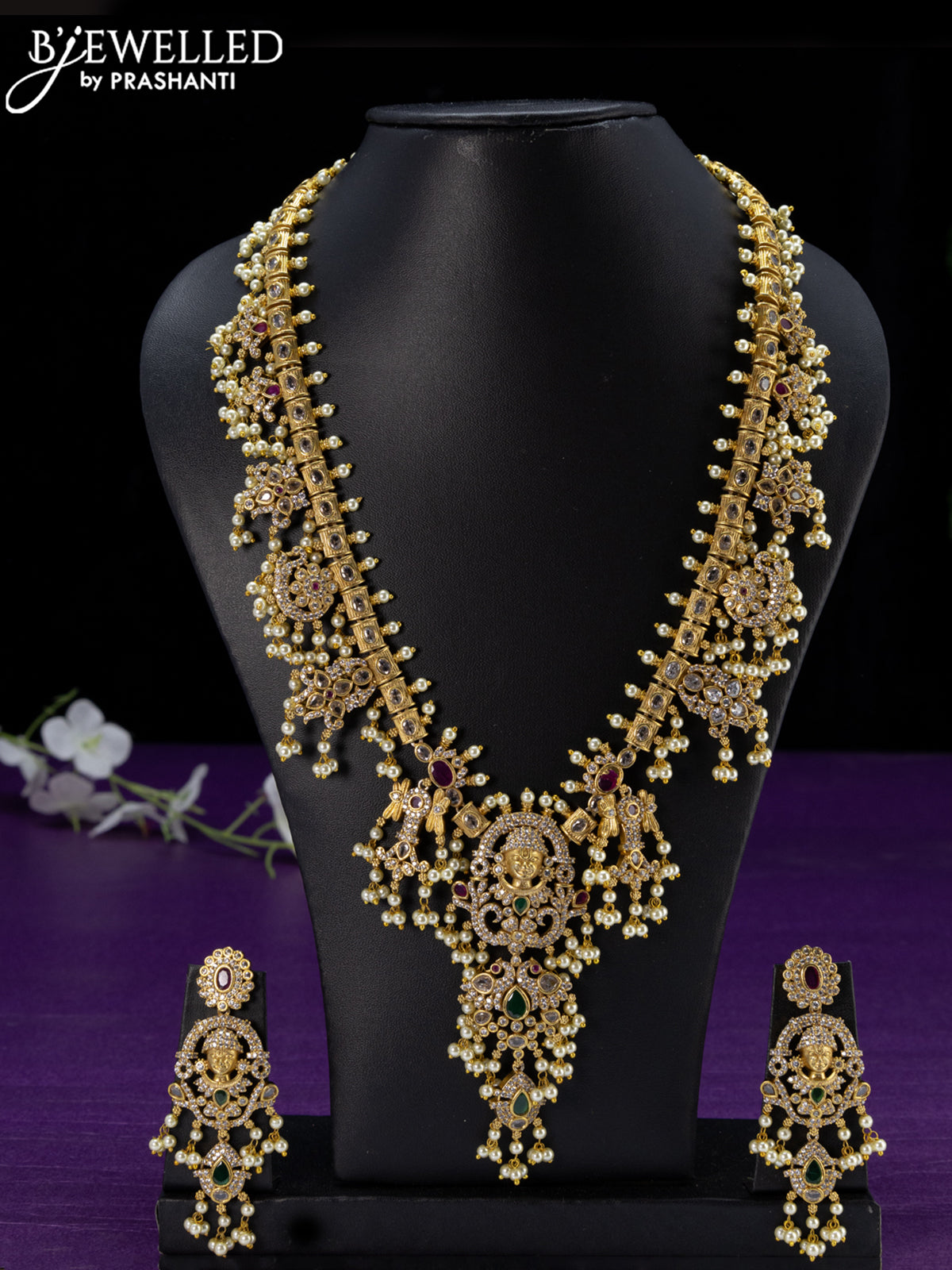 Antique guttapusalu haaram kemp & cz stones with tirupati balaji pendant  and pearl hangings