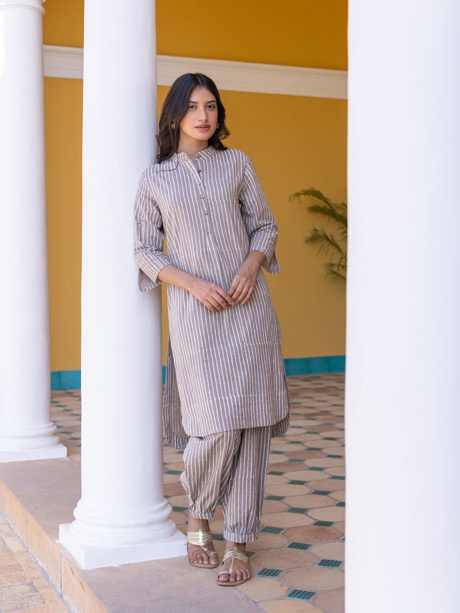 Grey Stripes Block Printed Cotton Kurta