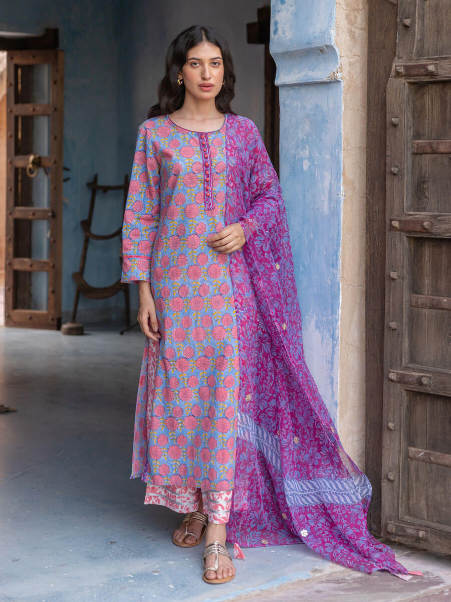 Set of 3 - Ishaani Cotton Kurta, Palazzo and Dupatta