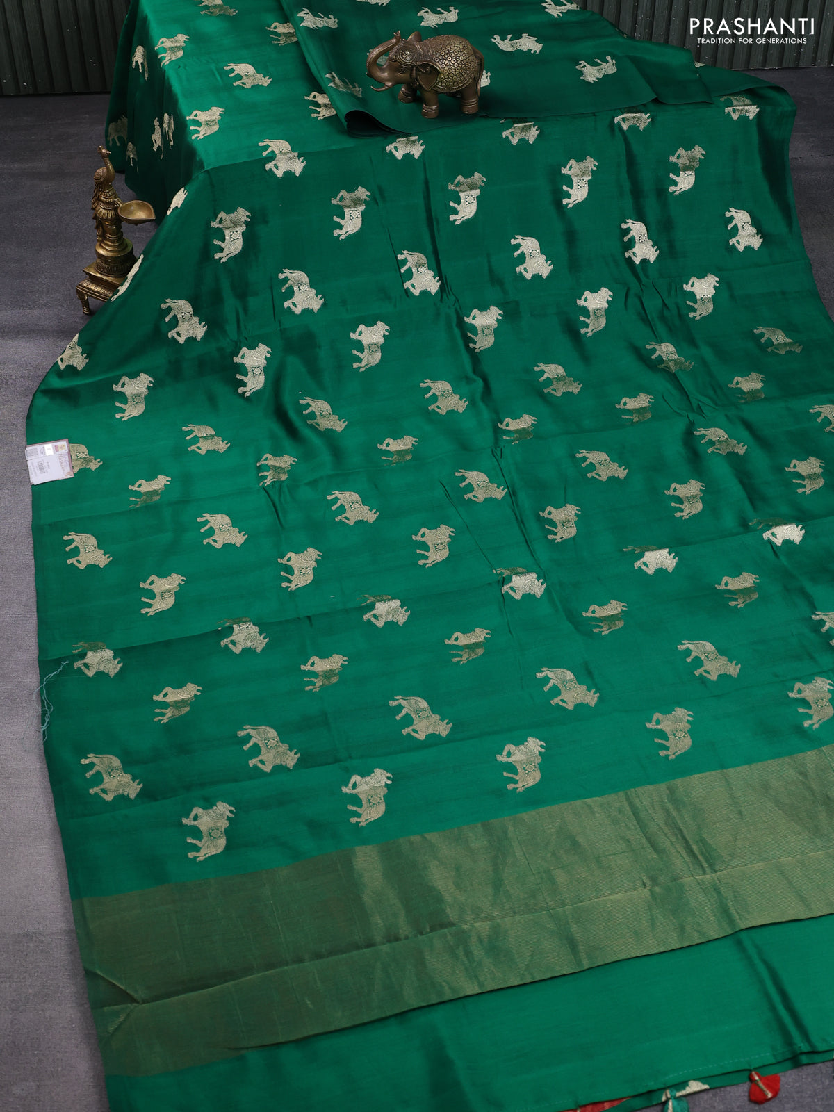 Chiniya silk saree green and red with pichwai zari woven buttas in borderless style