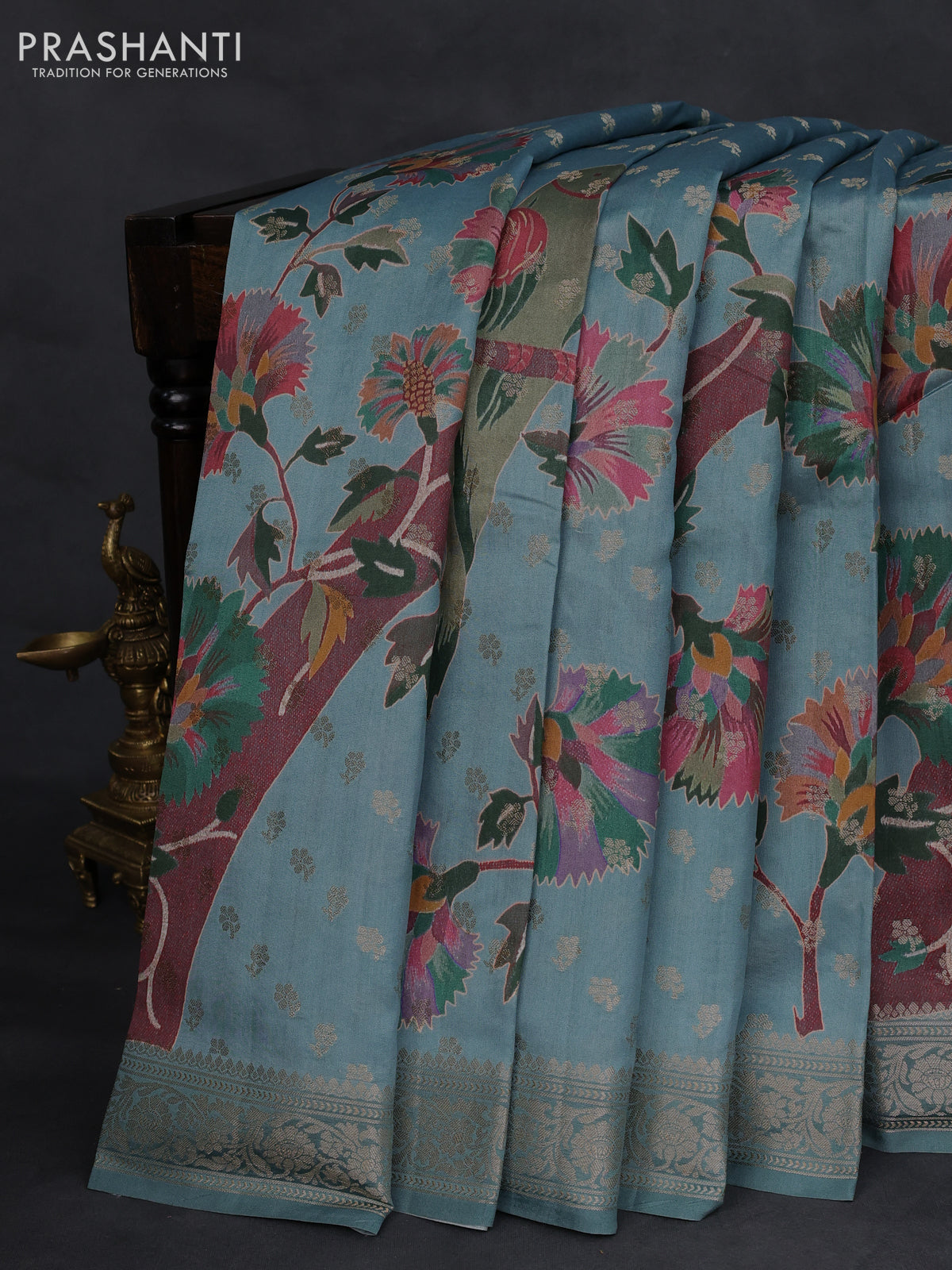 Chiniya silk saree pastel blue with zari woven buttas & digital prints and zari woven border