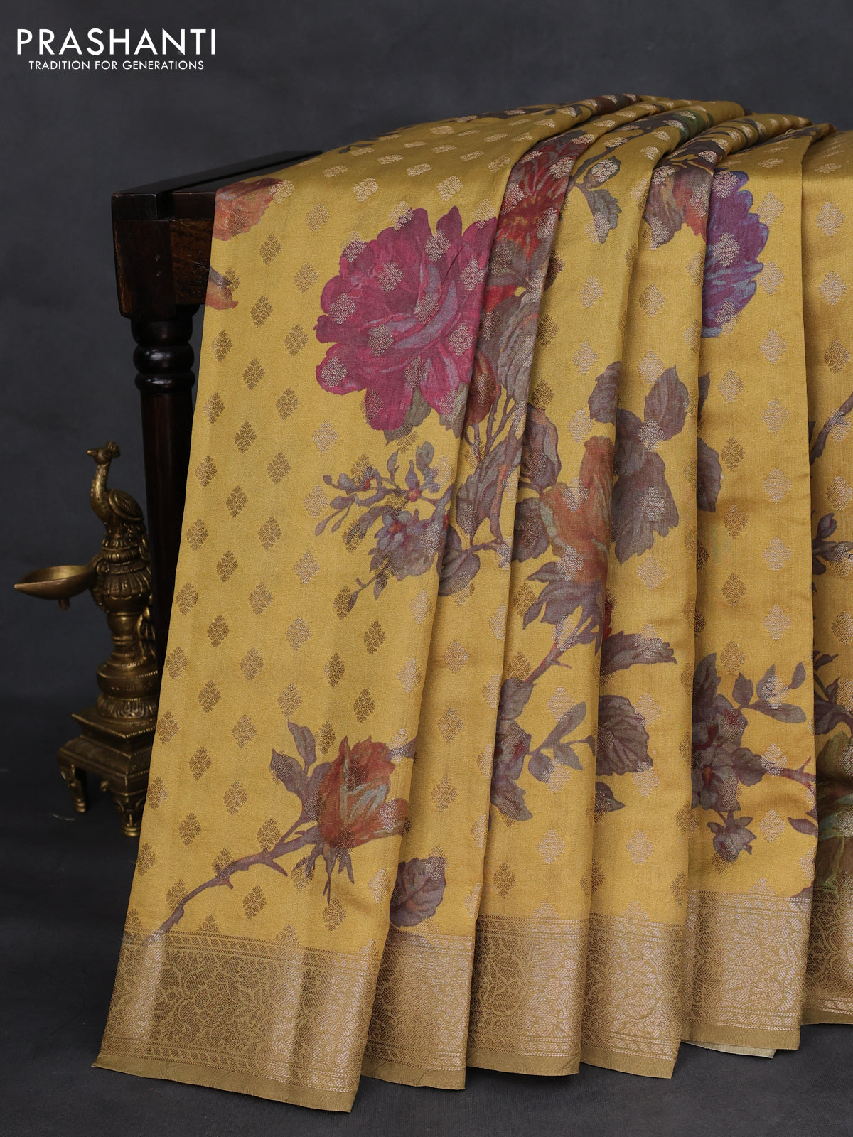 Chiniya silk saree mustard yellow with zari woven buttas & digital prints and zari woven border