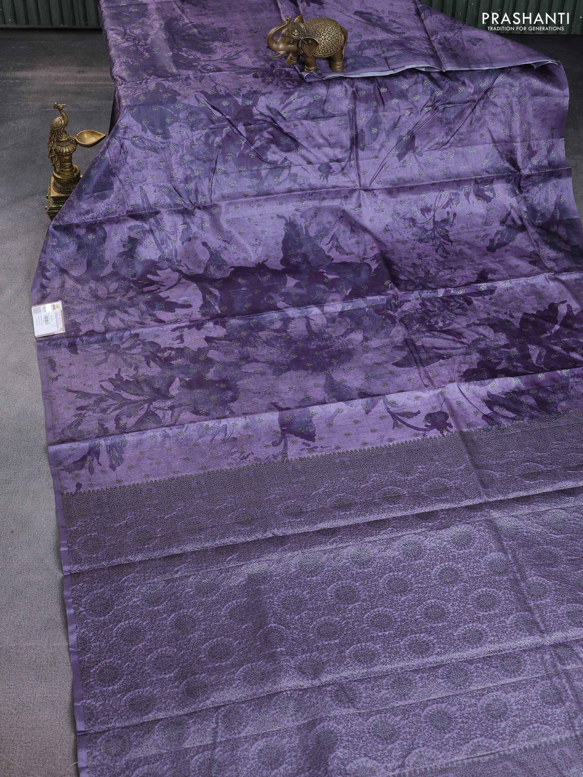 Banarasi tussar silk saree pastel lavender with woven buttas & digital prints in borderless style