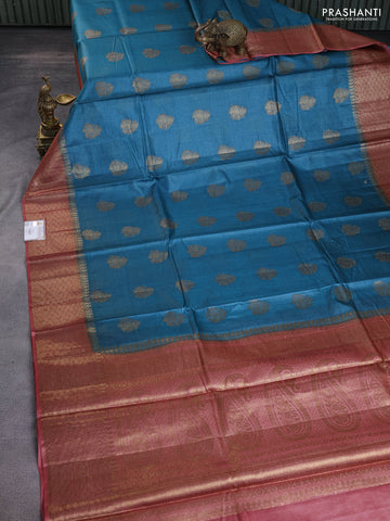 Banarasi tussar silk saree peacock blue and rust shade with thread & zari buttas and banarasi style border