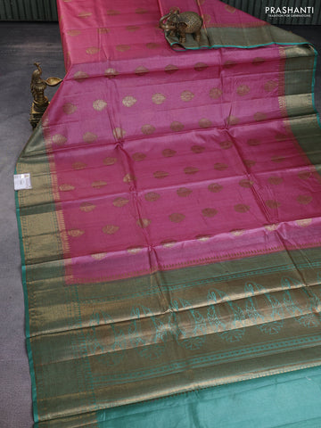 Banarasi tussar silk saree peach pink and teal green shade with thread & zari buttas and banarasi style border